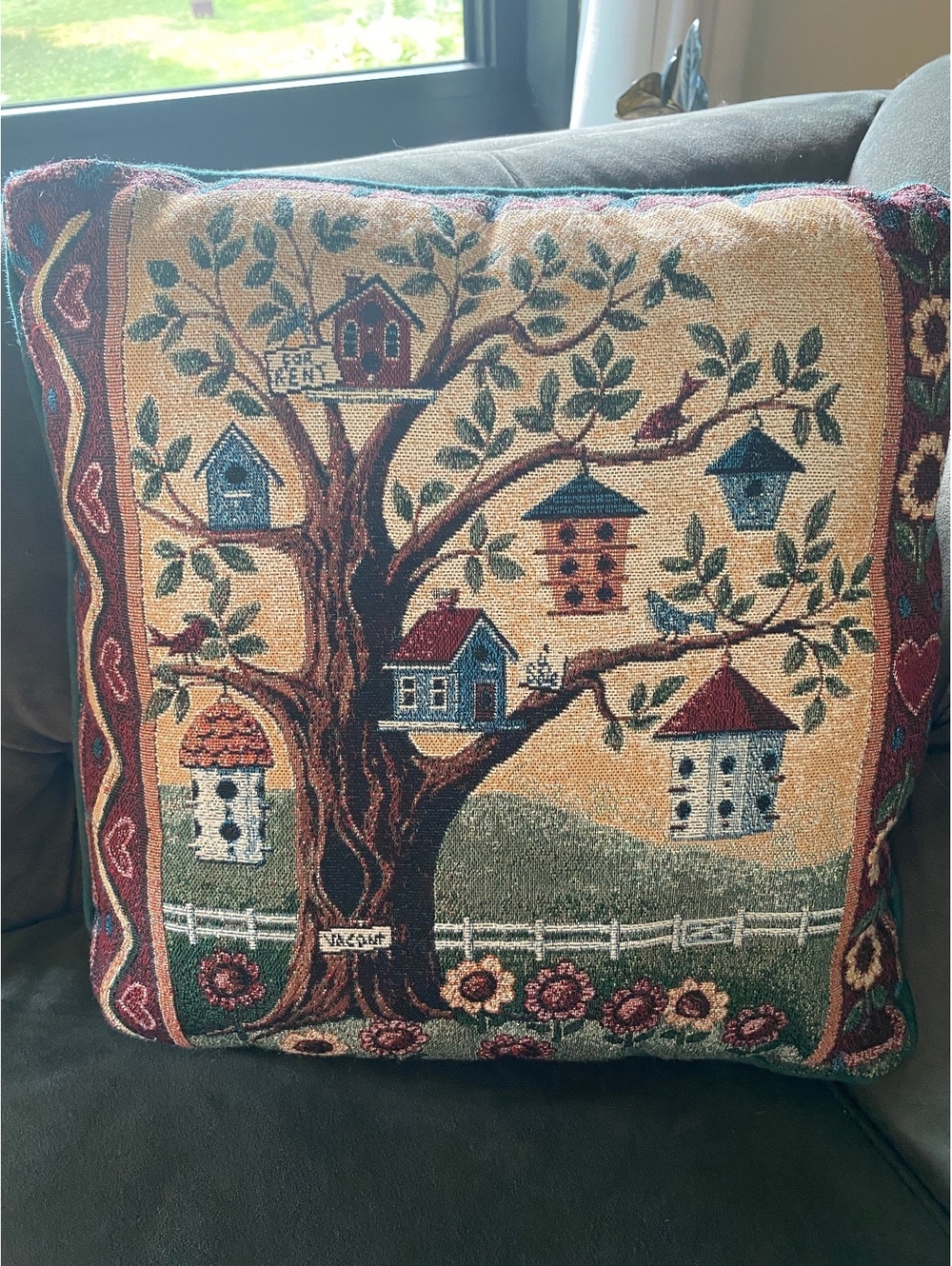 Birdhouse tapestry cottagecore whimsical shabby chic granny throw pillow